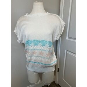 Separate Scene Womens Beach Shell Starfish Sweater White Blue Pink Cap Sleeve